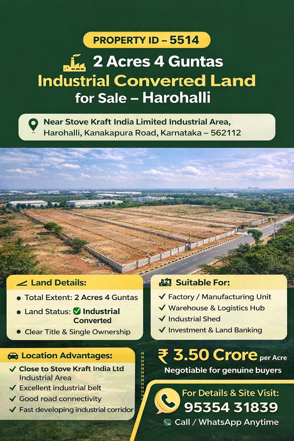 🆔 *PROPERTY ID – 5514* 🏭 *2 Acres 4 Guntas Industrial Converted Land for Sale – Harohalli*